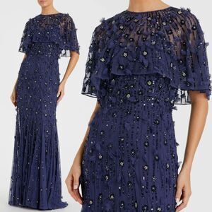 Mac Duggal 93653 Size 18 Dark Navy Blue Floral Cape Trumpet Gown Long Maxi Dress